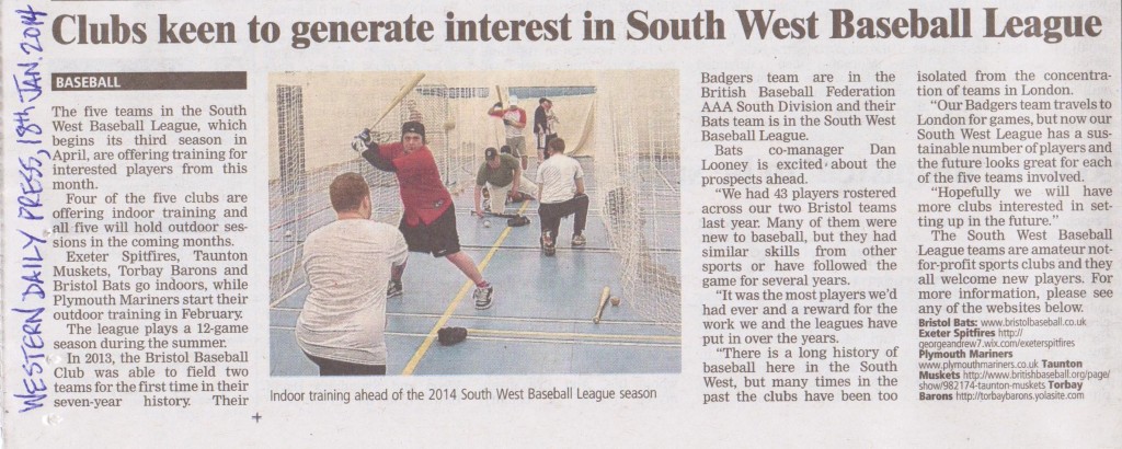 South West Baseball League, Western Daily Press, 18th January 2014 v2